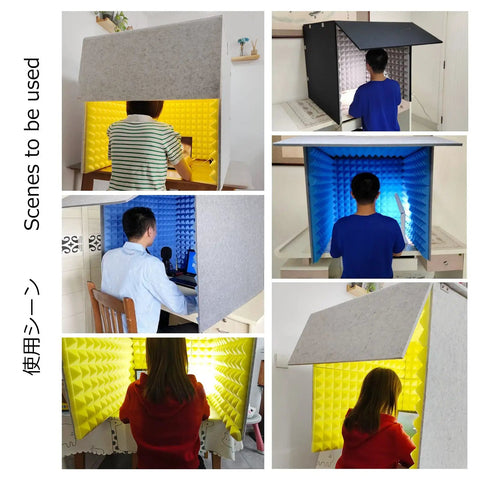 Top Tier Portable Soundproof Booth Desktop Vocal Shield used in various scenes with blue and yellow high density acoustic foam panels.