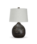 Maire Contemporary 25-Inch Metal Table Lamp In Black And Gold Finish with sculpted curves and soft drum shade