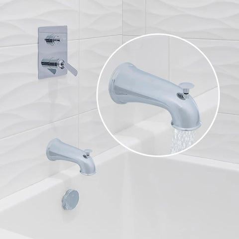 Decorative Bathtub Spout With Pull Up Diverter, 6 Inch Chrome Finish, shown installed above a modern white tub with water flow