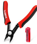 6 Inch Flush Wire Cutters with Built-In Stripping for Copper Aluminum and Insulated Wires, shown in open position with red grips.