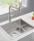 Undermount 22x18x9 Inch Single Bowl Bar Or Prep Kitchen Sink In 304 Stainless Steel Handmade With Strainer Built Tough 18 Gauge Unbreakable Construction 3.5 Inch Drain Fits Standard Garbage Disposals shown installed in countertop