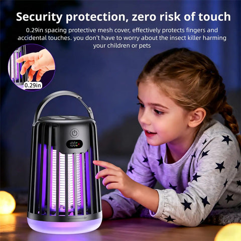 Rechargeable Solar Mosquito Zapper Lamp For Outdoor Use with protective mesh, purple light in sleek black housing near child.