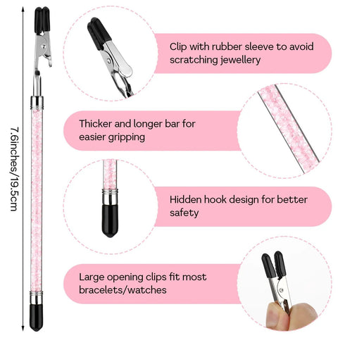 Image of a pink 2 In 1 Stainless Steel Bracelet Helper Tool For No Hassle Slip On Wear And Clasp Fastening Jewelry Clasp Helper with Rhinestone Handle.