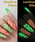 Glow In The Dark Gel Nail Polish Kit With 6 Neon Colors White Pink Green Blue Base And Top Coat Included UV Fluorescent Gel Set showing daytime and luminous effect