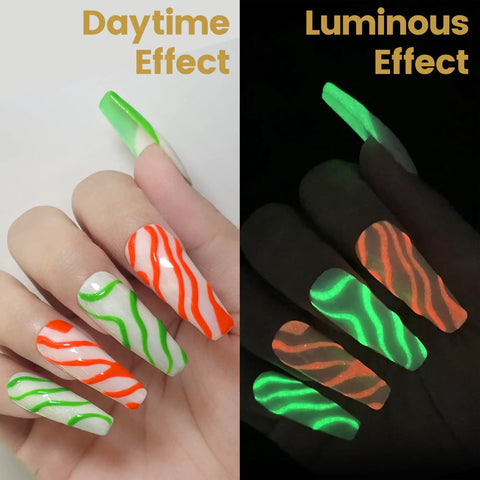 Glow In The Dark Gel Nail Polish Kit With 6 Neon Colors White Pink Green Blue Base And Top Coat Included UV Fluorescent Gel Set showing daytime and luminous effect