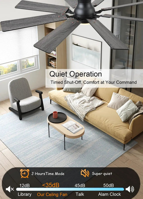 52 Inch Ceiling Fan With Light And Remote Control, 6 Speeds Reversible in living room with sofa and chair, quiet operation display
