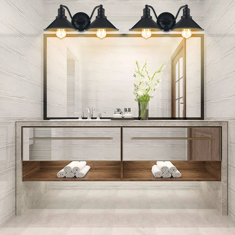 Two Light Vanity Wall Sconce In Oil Rubbed Black Finish illuminating bathroom mirror