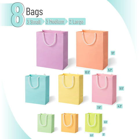 Pastel Gift Bags With Handles, 8 Pack, Assorted Sizes, Durable Eco Friendly Paper Bags For Gifts, Weddings, Baby Showers, Birthdays