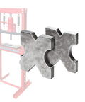 Arbor Press Plate For Heavy Duty Metalworking, 20 Ton Shop Steel Plate Made From AR400F With Yield Strength Over 140,000 PSI, H Frame Hydraulic Press Plate 4 Notch Pair, 1 X 5 X 5 Inches, Built Tough And Safe with hydraulic press in background.