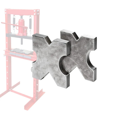 Arbor Press Plate For Heavy Duty Metalworking, 20 Ton Shop Steel Plate Made From AR400F With Yield Strength Over 140,000 PSI, H Frame Hydraulic Press Plate 4 Notch Pair, 1 X 5 X 5 Inches, Built Tough And Safe with hydraulic press in background.