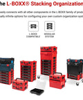 L-BOXX stacking system with Six Drawer Rolling Tool Storage Cart with Shallow Toolbox and Organizer Bins, red/black color