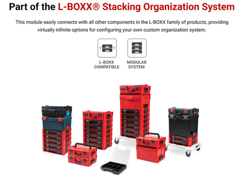 L-BOXX stacking system with Six Drawer Rolling Tool Storage Cart with Shallow Toolbox and Organizer Bins, red/black color