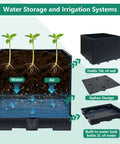 Cross-section of two pack raised garden bed showing water and air flow, soil capacity, and self-watering tank system diagram.