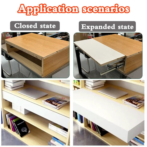 Badass Heavy Duty Steel Drawer Slides With Smooth As Butter Soft Close Glide For Extendable Desk Cabinet Hardware in closed and expanded states.