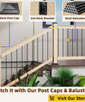 Deck staircase with wood posts, 2x4 deck brackets, and metal balusters for handrail installation