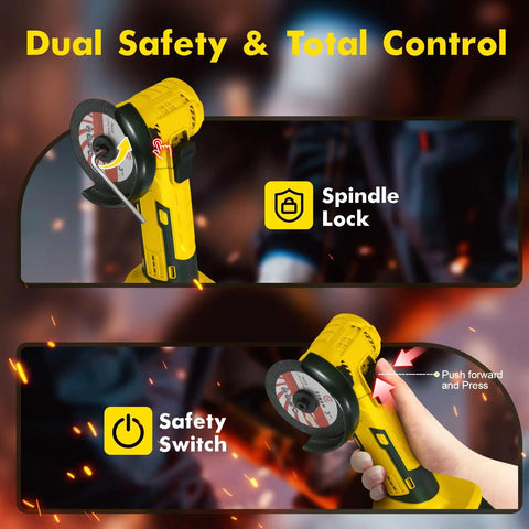Cordless 21V Mini Angle Grinder Kit with brushless motor showing spindle lock and safety switch, yellow design