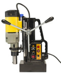 Heavy Duty Magnetic Drill Paired With Seven Piece 2 Inch HSS Annular Cutter Kit For Grit And Grind Metal Fabrication and Tough Job Site Demands Featuring Smooth Rack And Pinion Depth Control Rig, side view.