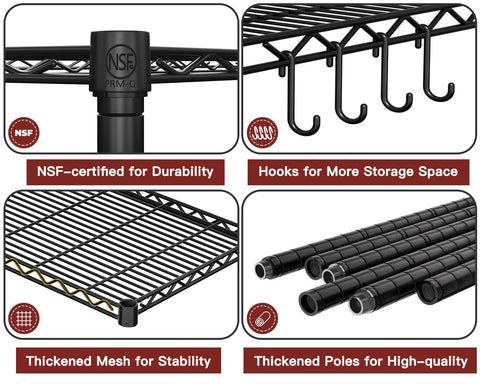 Beefy 5-Tier Wire Shelving With Wheels, 36 Inch Wide 16 Inch Deep 79 Inch Tall Steel Storage Rack, Heavy Duty Alloy Steel Construction, 1250 Lbs Total Capacity, 250 Lbs Per Shelf, Mobile Garage Office Organizer, NSF-certified shelf with hooks