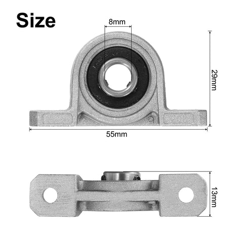 Beefy Heavy Duty Pillow Block Bearing Kit KP08 with 8mm bore zinc alloy flange, front and side view, dimensions labeled