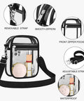 Clear Stadium Purse For Men And Women See Through Crossbody Bag showing removable strap and smooth zippers; transparent with items inside.
