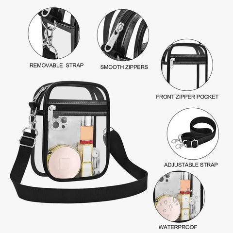 Clear Stadium Purse For Men And Women See Through Crossbody Bag showing removable strap and smooth zippers; transparent with items inside.