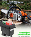 Pushbutton Electromagnetic Switch for Garden Tools and Beefy Heavy Duty Machines, 120V 5PIN Replacement Safety Start Switch displayed with chainsaw