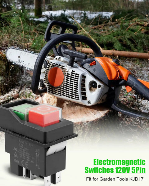 Pushbutton Electromagnetic Switch for Garden Tools and Beefy Heavy Duty Machines, 120V 5PIN Replacement Safety Start Switch displayed with chainsaw