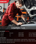 Mechanic checking engine compatibility for hydraulic power steering rack and pinion assembly with compatibility chart displayed