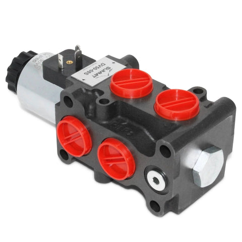 Hydraulic multiplier selector diverter valve with switch by Summit Hydraulics, 13 GPM; black body with red caps