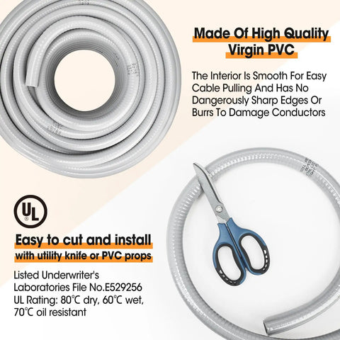 100 Ft Liquid Tight Conduit And Connector Kit For Half Inch Flexible Non Metallic Electrical Conduit shown with scissors
