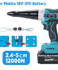 Get The Heimerdinger Brushless Cordless Rivet Gun For Makita 18V Batteries With 12000N Auto Reverse Power For Heavy Duty Construction Projects And Fastening Jobs In Your Garage Or Job Site, showing brushless rivet gun with battery.