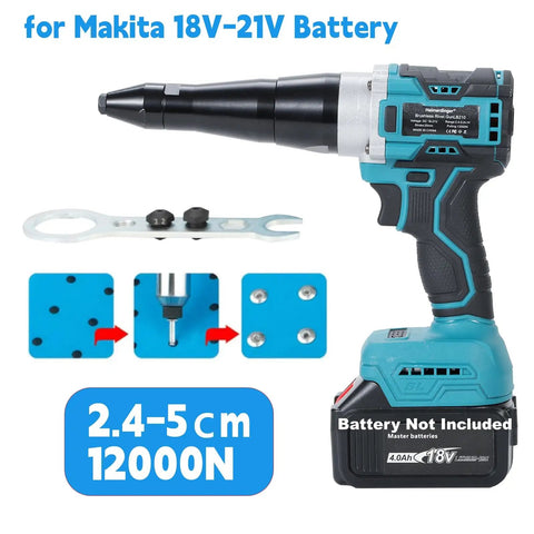 Get The Heimerdinger Brushless Cordless Rivet Gun For Makita 18V Batteries With 12000N Auto Reverse Power For Heavy Duty Construction Projects And Fastening Jobs In Your Garage Or Job Site, showing brushless rivet gun with battery.
