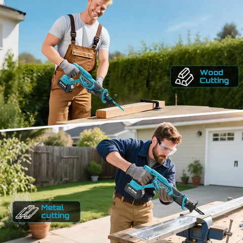 Two men using Cordless Reciprocating Saw With Brushless Motor, 3500 RPM, Variable Speed, 8 Blades, Dual 4.0Ah Batteries outdoors.