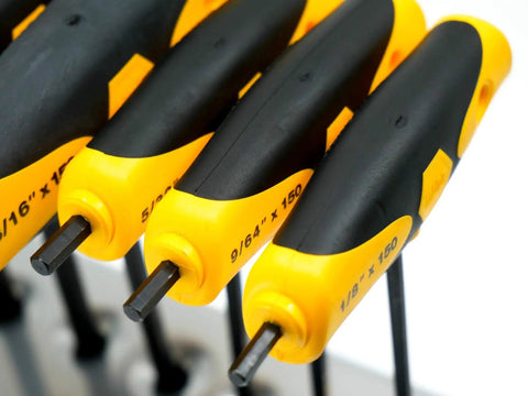 Soft Grip Ball End Hex T Handle Set Inch 8 Piece With Dual Drive Pro Grade Color Coded Yellow SAE handles with visible size markings
