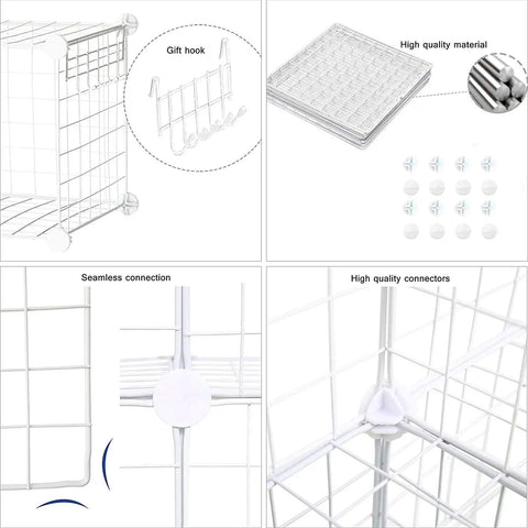 Eight Cube Wire Storage Organizer Kit With Metal Grid Shelving showing connectors, hooks, and structural details in close-up view.