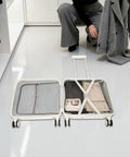Open 18 Inch Underseat Carry On Luggage With USB Port And Password Lock Hard Shell Rolling Suitcase Showing Interior Storage
