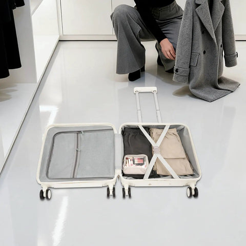 Open 18 Inch Underseat Carry On Luggage With USB Port And Password Lock Hard Shell Rolling Suitcase Showing Interior Storage
