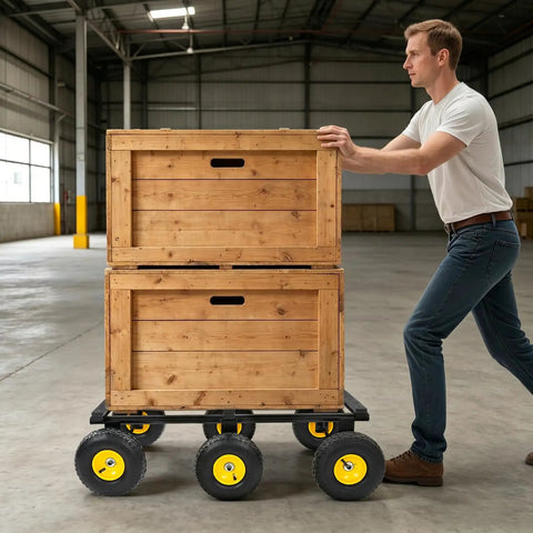 Totally Savage Six Wheel All Terrain Furniture Dolly With 1200 Pound Capacity Built Like A Tank For Heavy Duty Moving Rugged Carbon Steel Frame And Rock Solid Rubber Wheels For Easy Move On Carpet Tile Floors And Bumpy Concrete Ground. Man pushing stacked wooden crates on six-wheel dolly