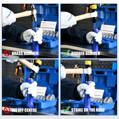 Demonstrating safe use of Bearing Race And Seal Driver Kit 12 Piece Universal Wheel Bearing Installer with ergonomic handle.