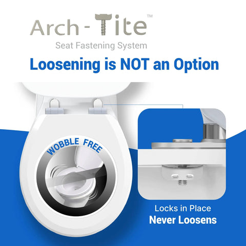 Close-up of Topseat Pro 2 Durable Wood Toilet Seat Arch-Tite system showing wobble-free locking mechanism.