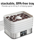 Digital Food Dehydrator With Five Stackable BPA Free Trays And Adjustable Thermostat showing beef jerky on trays for drying.