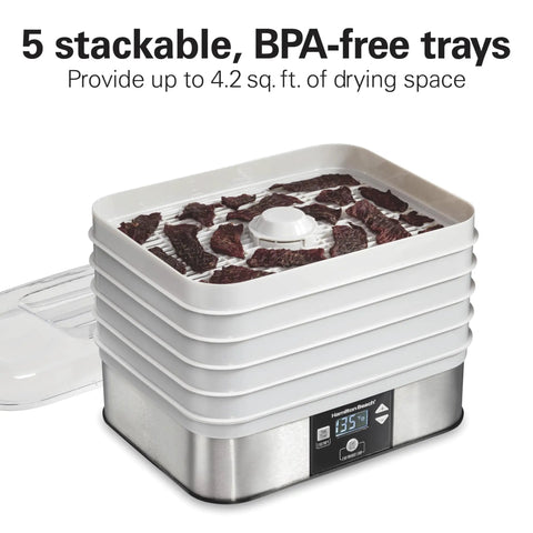 Digital Food Dehydrator With Five Stackable BPA Free Trays And Adjustable Thermostat showing beef jerky on trays for drying.