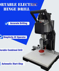 Front view of a portable electric hinge drill with vertical drill press, black and silver body on a base with a ruler guide