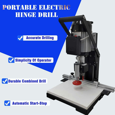 Front view of a portable electric hinge drill with vertical drill press, black and silver body on a base with a ruler guide