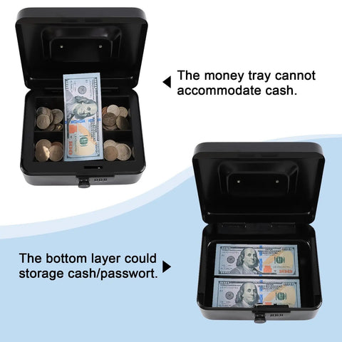 Open Cash Box With 3 Digit Combination Lock Metal Money Safe Box With Tray For Loose Change And Small Items Secure Home Office Desk Organizer Compact Black 7.87 By 6.30 By 3.35 Inches showing coin tray and cash compartment