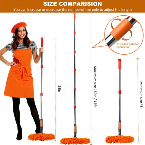 All in One Window Cleaning Kit With Twenty Foot Reach Squeegee Duster and Rotatable Pole size comparison diagram
