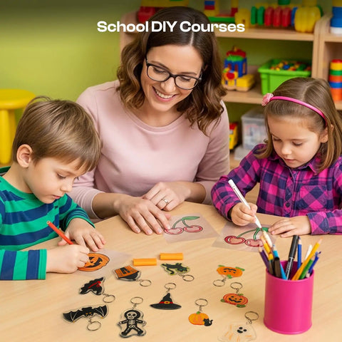 Children creating DIY art with 25 Piece Frosted Shrink Plastic Sheets Set For DIY Shrink Art And Handicrafts With One Glossy Side And Bright Colors