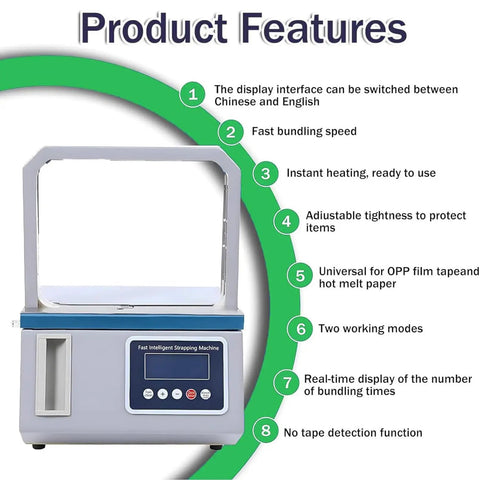 Compact Semi-Automatic Strapping Machine For Tabletop Use In Supermarkets features product interface and fast bundling capability.