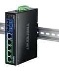 Workhorse Industrial Seven Port Gigabit PoE Plus DIN Rail Switch with 120W PoE Budget installed on DIN rail