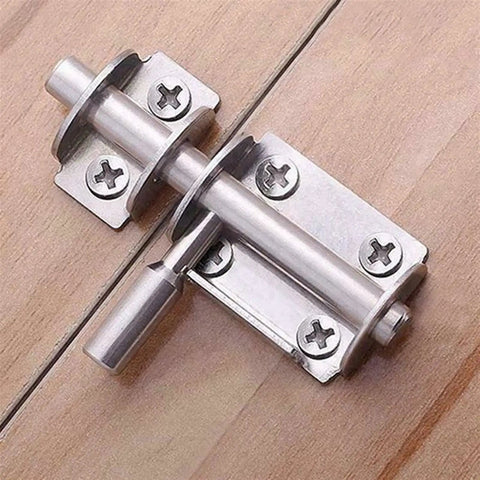 Stainless Steel Sliding Bolt Lock Latch for Bathroom Door Gate Hardware on wood surface close-up view.